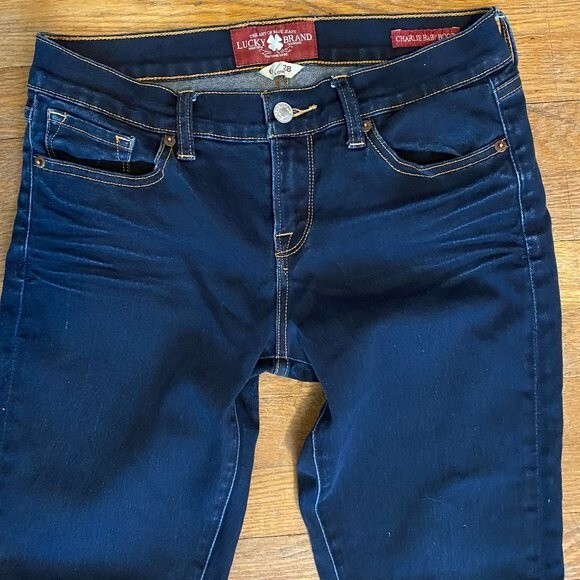 Lucky Brand Charlie Baby Boot Dark Wash Frayed Cuff Women Jeans Size 6/28 Long - Picture 2 of 12